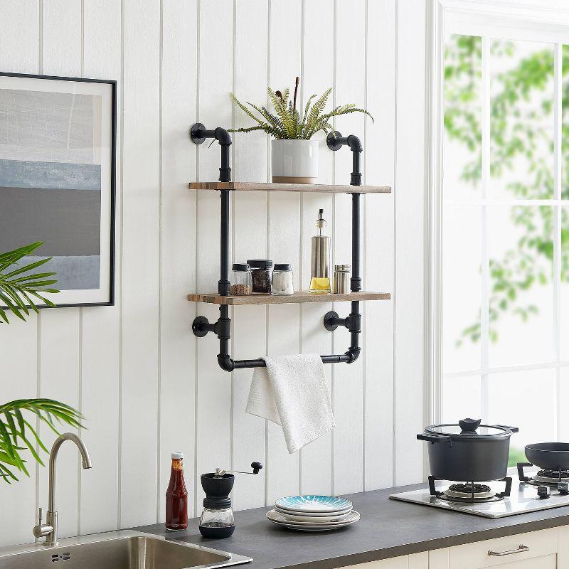 Danya B. 2-Tier Olivia Pipe Wall Shelf Unit with Hanging Rod Black/Rustic: Laminated Iron Storage, Includes Mounting Hardware