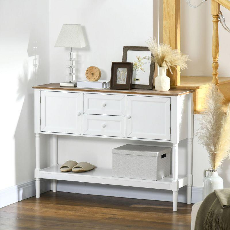 White Wood Console Table with Drawers and Storage Shelf