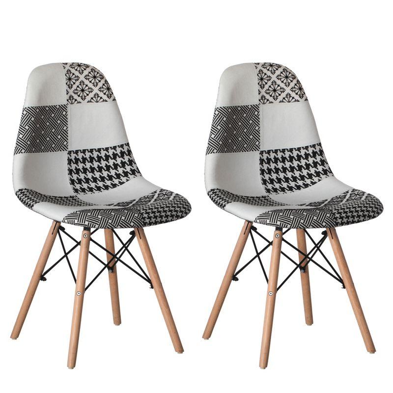 Fabulaxe Modern Fabric Patchwork Chair with Wooden Legs for Kitchen, Dining Room, Entryway, Living Room with Black & White Patterns