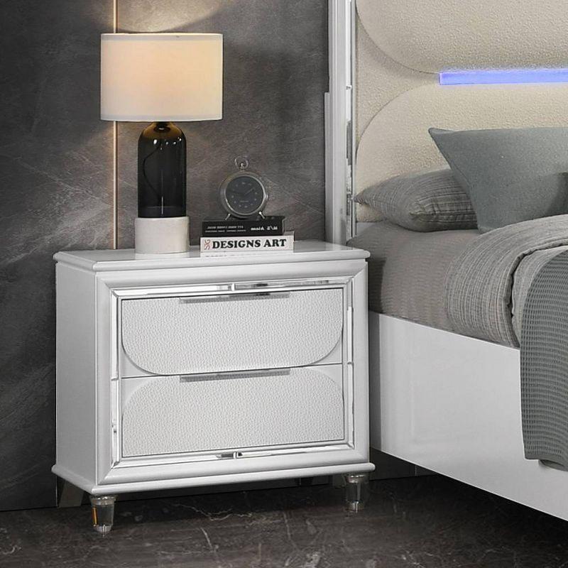 Pearl White 2-Drawer Nightstand with Mirrored Trim and Acrylic Legs