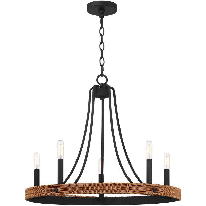 Franklin Iron Works Navarro Black Wagon Wheel Chandelier 24 1/2" Wide Farmhouse Rustic Wood Ring 5-Light Fixture for Dining Room