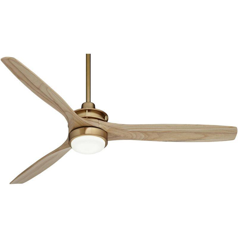 Casa Vieja 52" Windspun Modern Indoor Ceiling Fan 3 Blade LED Light Remote Control Soft Brass Finish Natural Wood Blades Bedroom Living Room Kitchen