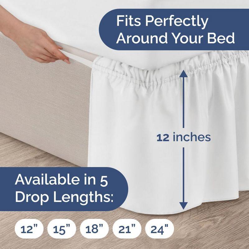 CGK Linens Elastic Wrap-Around Dust Ruffled Bed Skirt - Easy Fit with Pleated 12" Drop in White, Size Queen