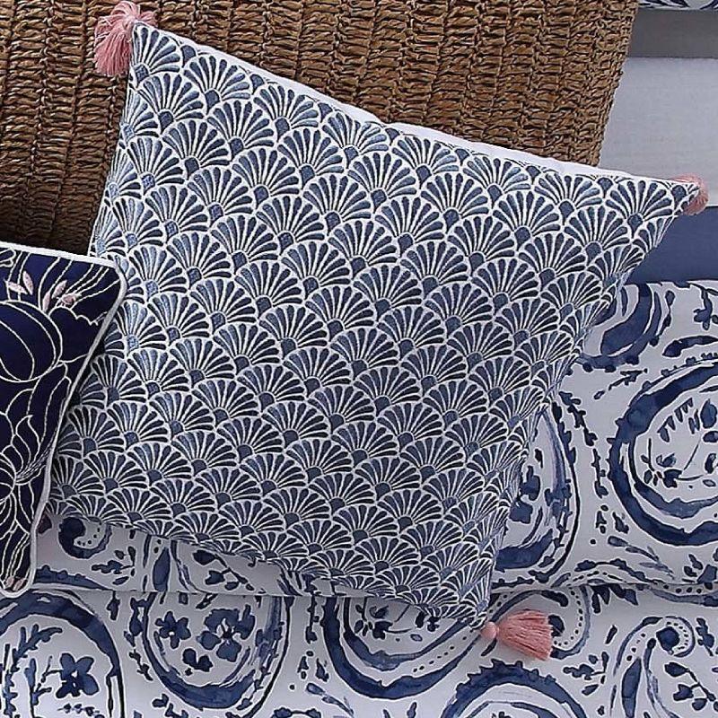 Navy and White Embroidered Cotton Square Throw Pillow