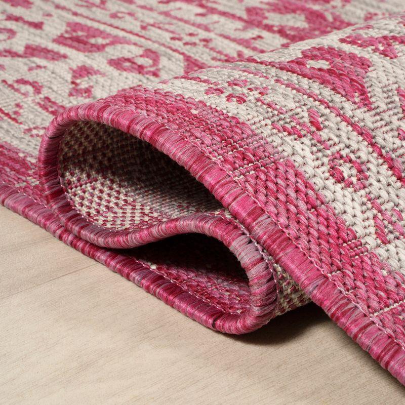 5' Round Sinjuri Medallion Textured Weave Indoor/Outdoor Area Rug, Fuchsia/Light Gray - JONATHAN Y