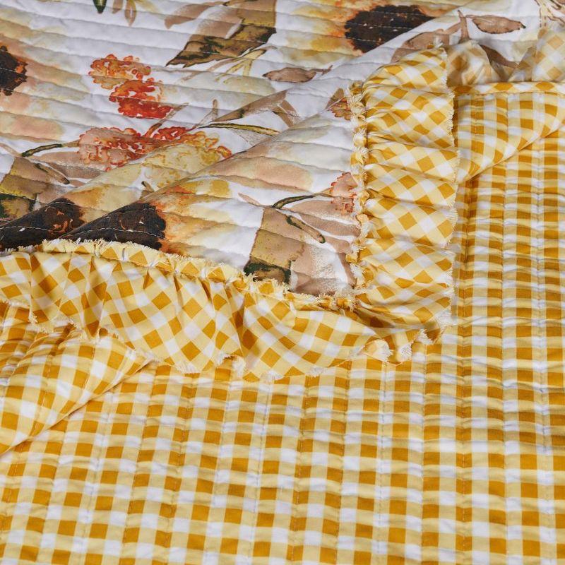 Greenland Home Fashions Somerset Sunflower Reversible Quilted Throw with Gingham Ruffles