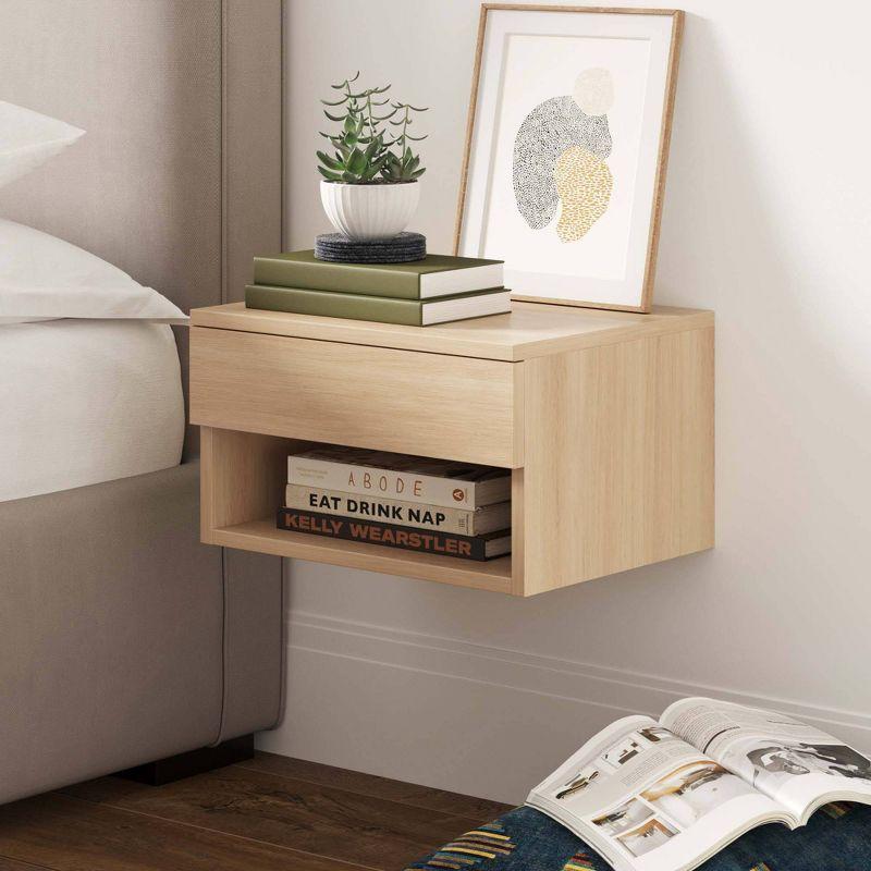 Light Oak Floating Wall-Mount Nightstand with Drawer and Shelf