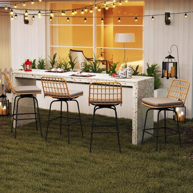 Tangkula 2 PCS Patio Bar Stools 360° Swivel PE Rattan Bar Chairs with Backrests & Footrests Outdoor Armless Barstools with Soft Seat Cushions