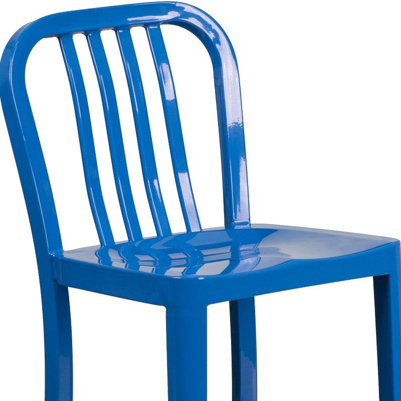 Merrick Lane Santorini 24 Inch Blue Galvanized Steel Indoor/Outdoor Counter Bar Stool With Slatted Back And Powder Coated Finish