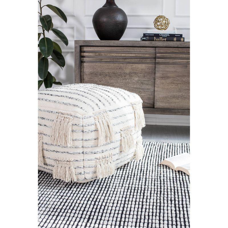 Ivory Striped Tasseled Pouf Ottoman in Soft Cotton & Luxe Polyester