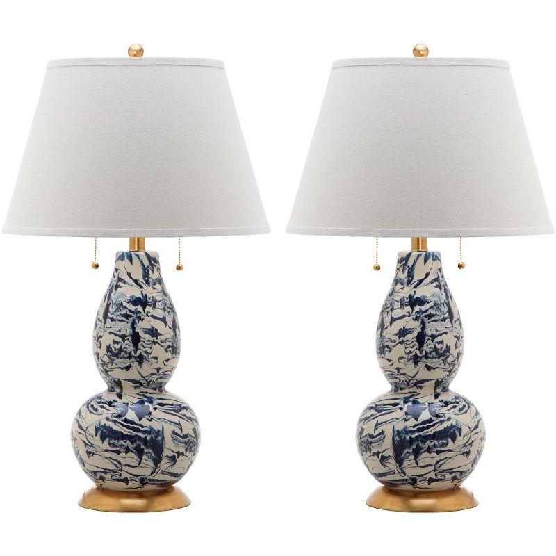 Navy and White Marbleized Glass Table Lamp Set with Gold Accents