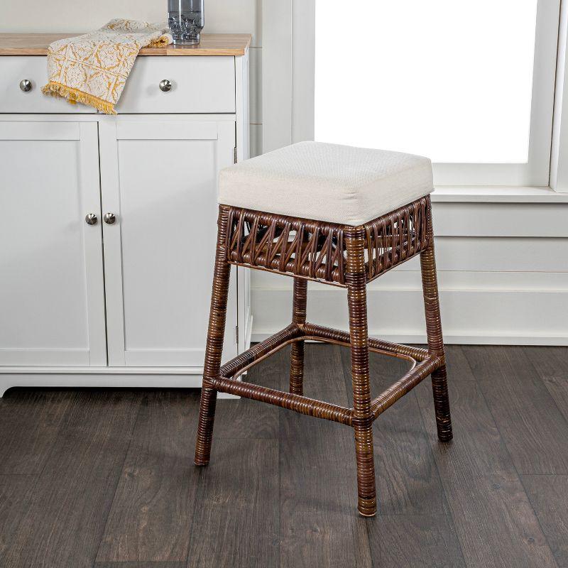 JONATHAN Y Bali Bohemian Basics Rattan Backless Bar Stool, White Cushion with Dark Brown Woven Frame