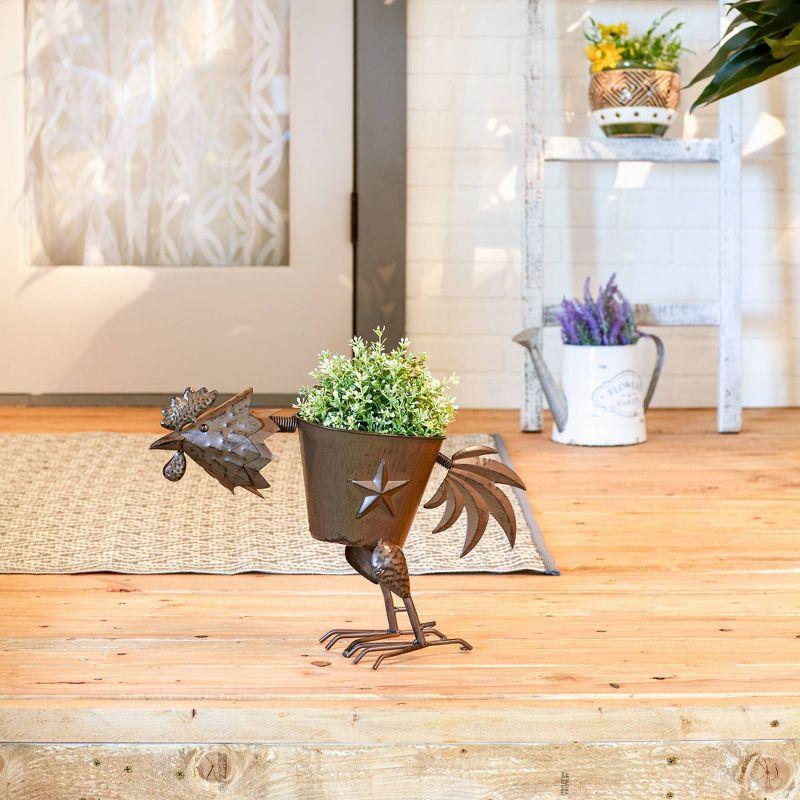 Brown Iron Pecking Rooster Planter for Indoor/Outdoor Use