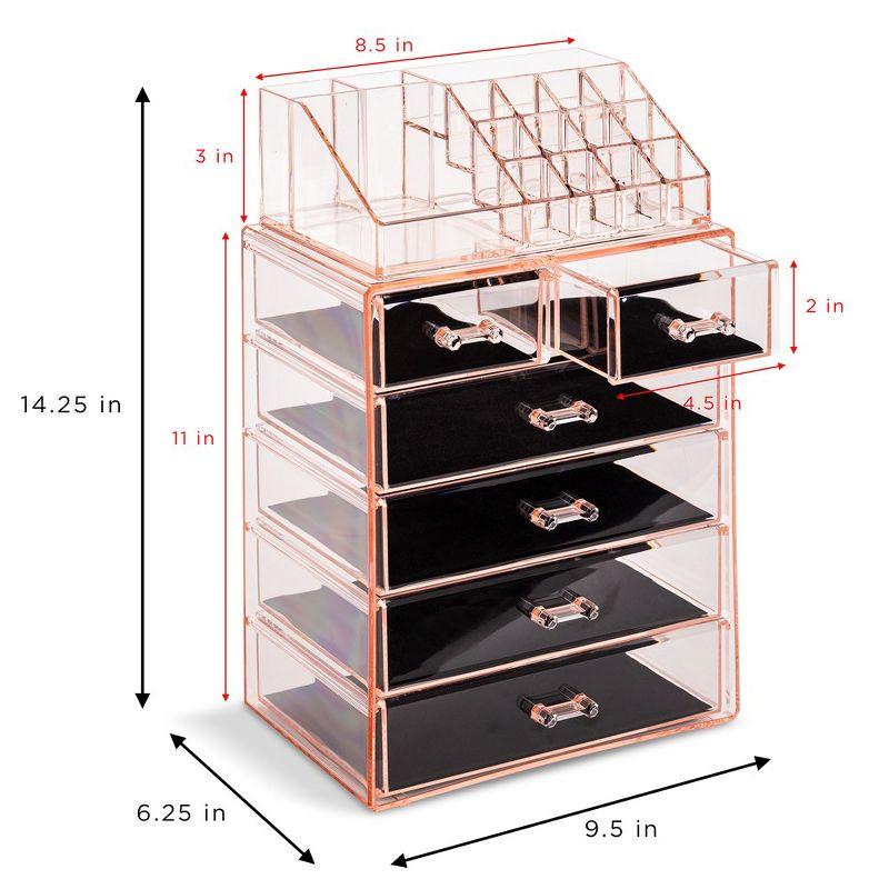 Sorbus 2 Piece Acrylic Makeup and Jewelry Storage Organizer Case (6 Drawers and Lipstick Tray) - Pink