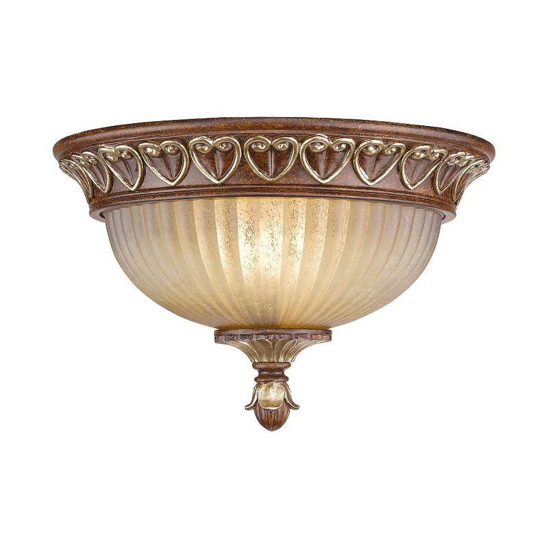 Verona Bronze & Aged Gold Leaf Dual-Light Flush Mount with Rustic Art Glass