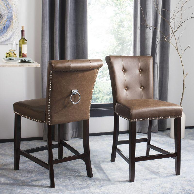 Transitional Tufted Brown Leather Counter Stool - Set of 2