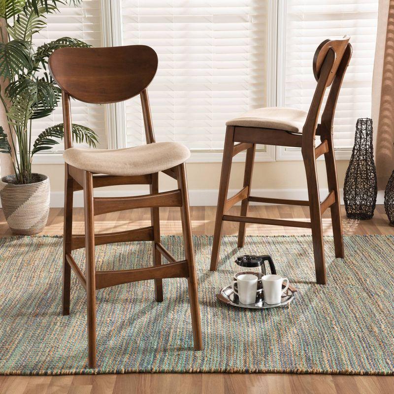 Baxton Studio 2pc Katya Wood Barstool Set Sand/Walnut Brown: Upholstered Polyester, Rubberwood Frame
