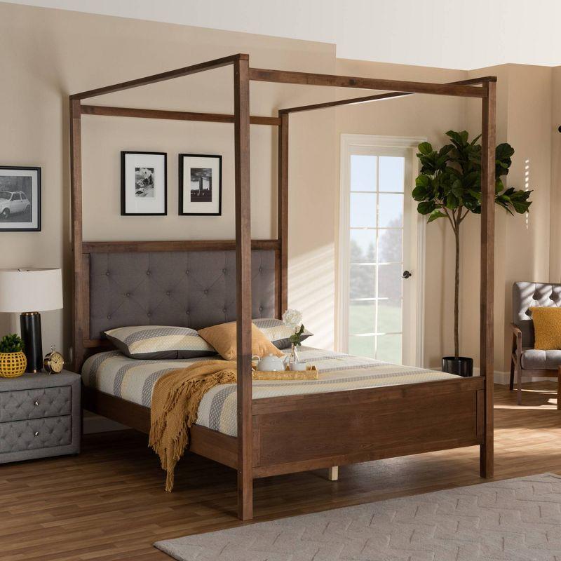 Luxurious Gray Tufted Queen Platform Bed with Walnut Wood Frame