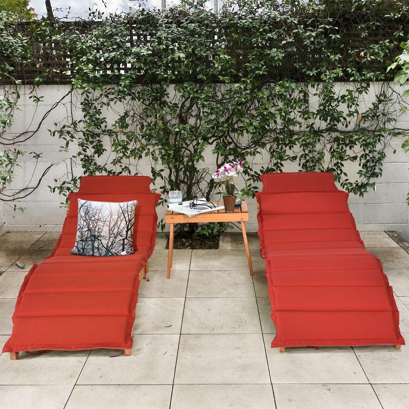 Folding Eucalyptus Wood Chaise Lounge with Red and White Cushions