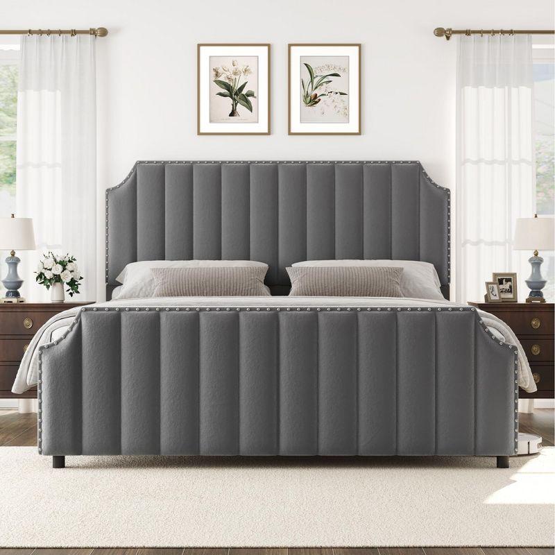 Queen Size Platform Bed Frame with 50.2" Headboard, Velvet Upholstered Bed Frame Queen with Vertical Channel Tufted Headboard & Footboard,Light Gray