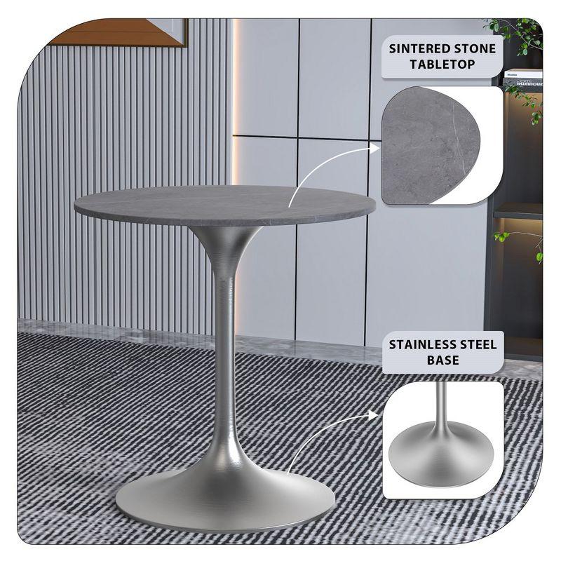 George Oliver Heatherton 27" Round Dining Table with Sintered Stone Top and Brushed Silver Stainless Steel Pedestal Base Kitchen Table Seats 2-4 Person