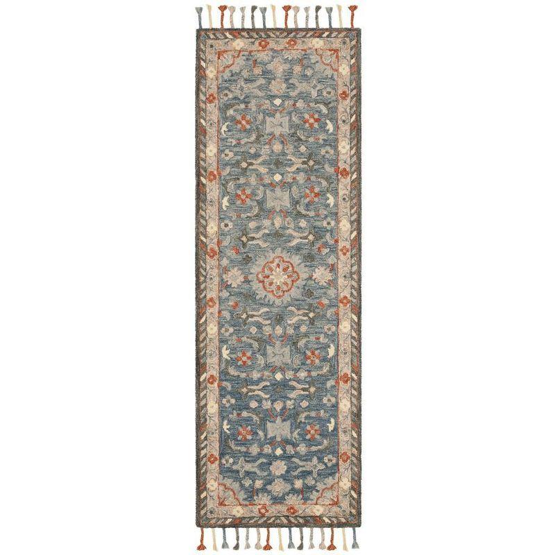 Handmade Rustic-Chic Blue Floral Wool Runner Rug - 27in x 5in