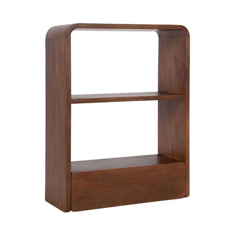 Walnut Brown Mango Wood Floating Wall Shelf with Drawer