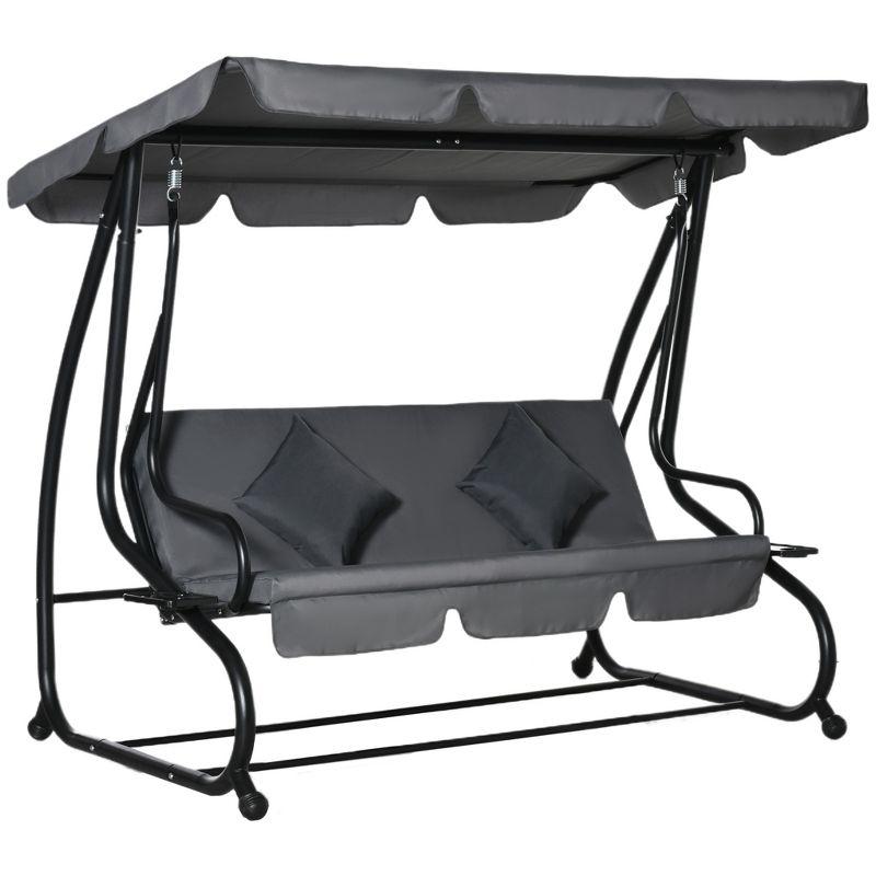 Gray Cushioned 3-Seat Outdoor Swing Bench with Canopy