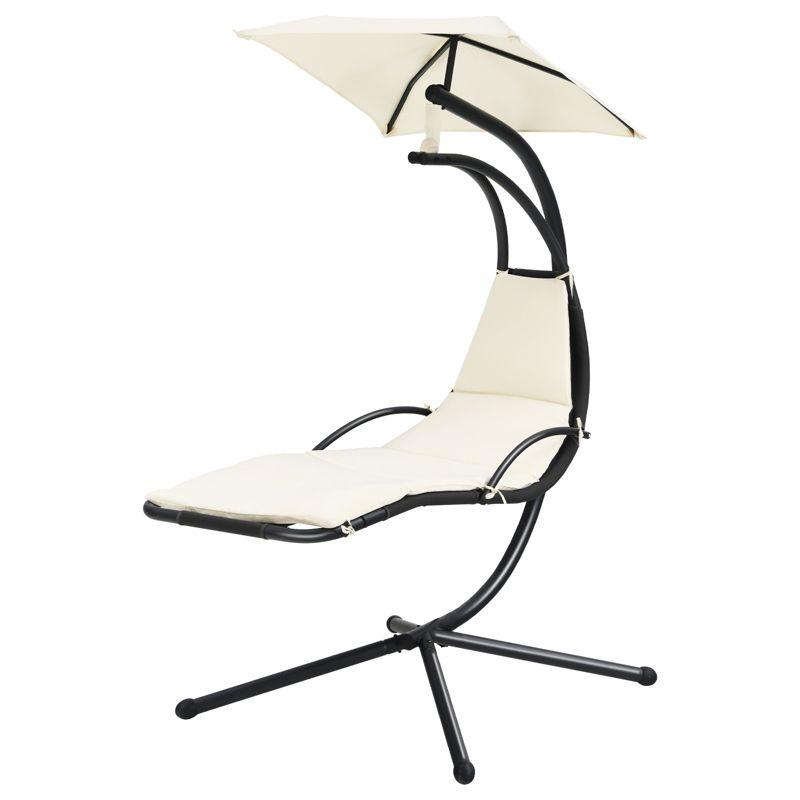 Tangkula Outdoor Hanging Chaise Lounge Chair Floating Chaise Swing Lounger w/Canopy & Cushion Beige