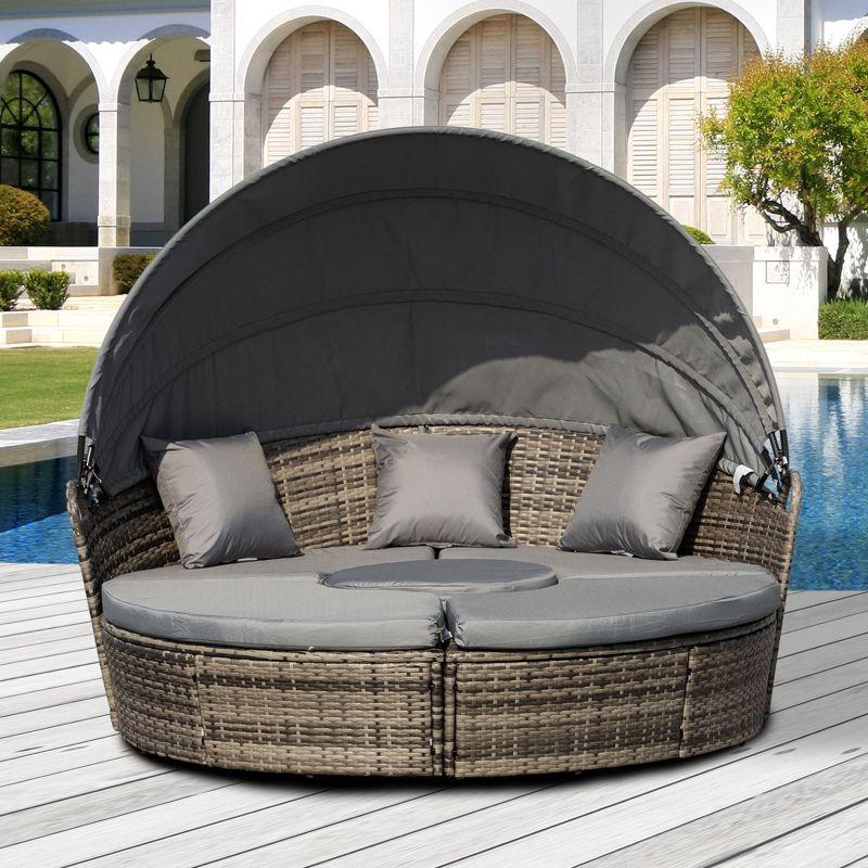 Outsunny Round Daybed, 4-piece Cushioned Outdoor Rattan Wicker Sunbed or Conversational Sofa Set with Sun Canopy, Dark Gray