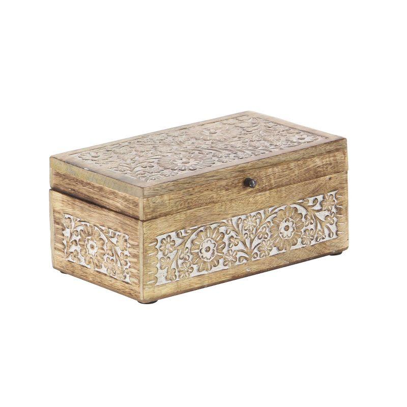 Set of 3 Mango Wood Carved Floral Boxes - Olivia & May: Coastal Style with Lids, Indoor Use, Non-Slip Base