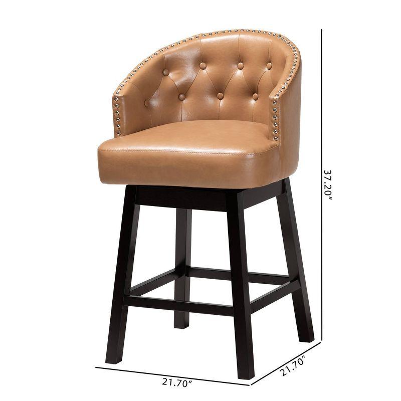 2pc Theron Faux Leather and Wood Swivel  Counter Height Barstool Set Tan/Espresso Brown - Baxton Studio: Mid-Century, Button-Tufted, Nailhead Trim