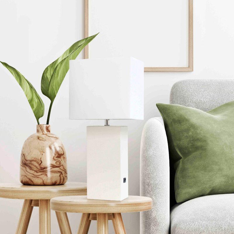 Lalia Home 21" Lexington Leather Base Modern Home Decor Bedside Table Lamp with USB Charging Port White : Fabric Shade