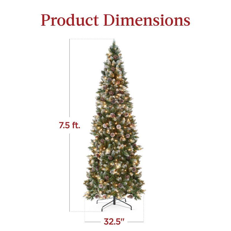 Best Choice Products Pre-Lit Partially Flocked Pencil Christmas Tree w/ Pine Cones, Foldable Stand