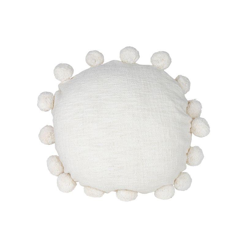 White Cotton Round Pillow with Pom Poms 16x16