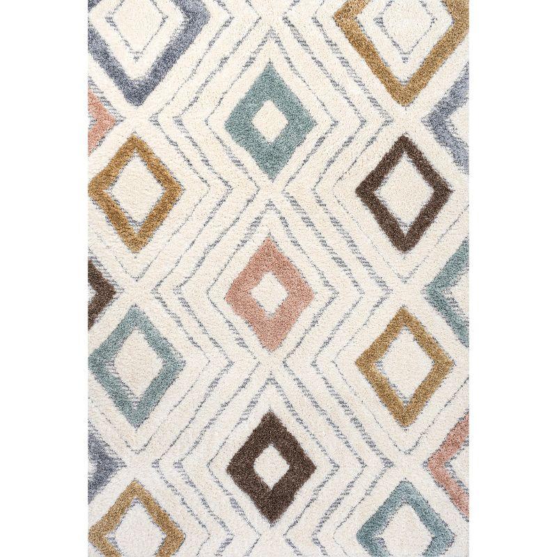 Ivory and Multicolor Geometric Diamond High-Low Area Rug