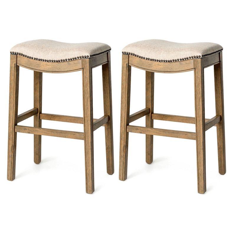 Maven Lane Adrien 31 Inch Bar Height Upholstered Backless Saddle Barstool in Natural Wood Finish with Wheat Cream Fabric Cushion Seat, Set of 2