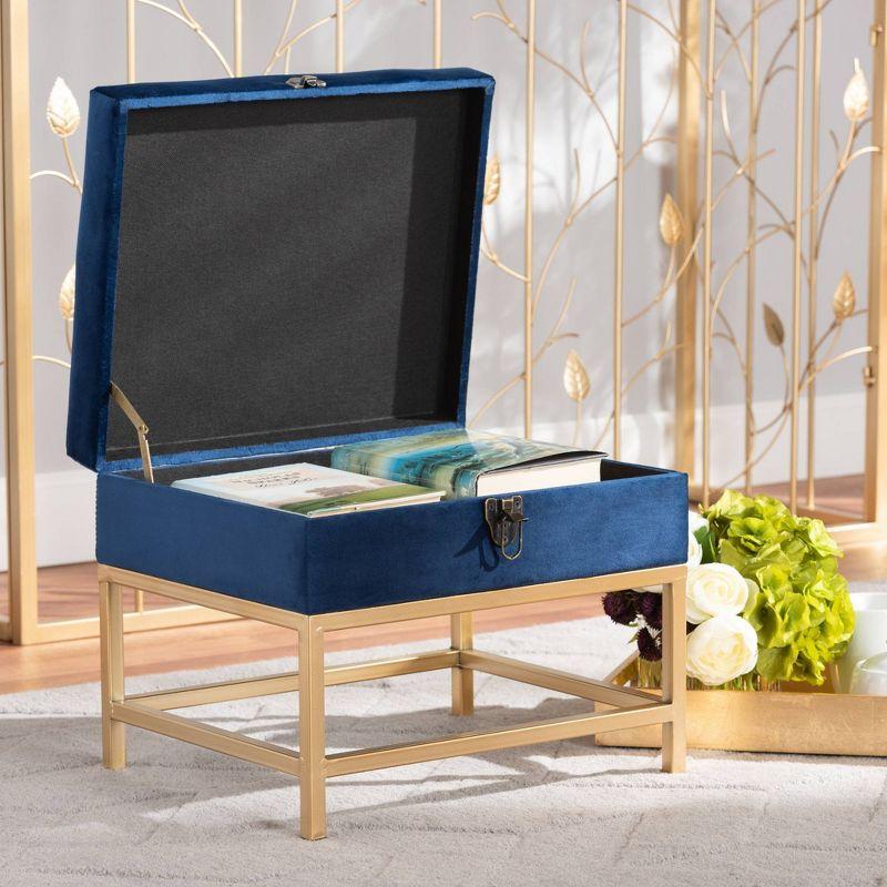 Baxton Studio Aliana Fabric and Metal Ottoman Navy Blue/Gold  Velvet Upholstered Bench, No Assembly Required