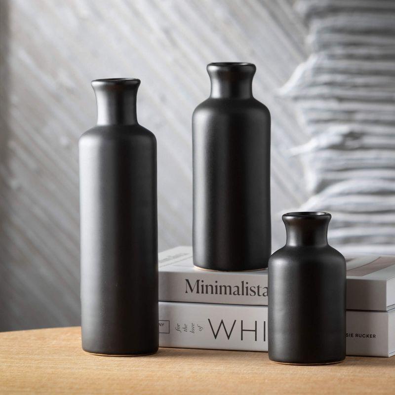 Sullivans Matte Black Set of 3 Small Ceramic Bottle Vases 5"H  7.5"H & 10"H Black