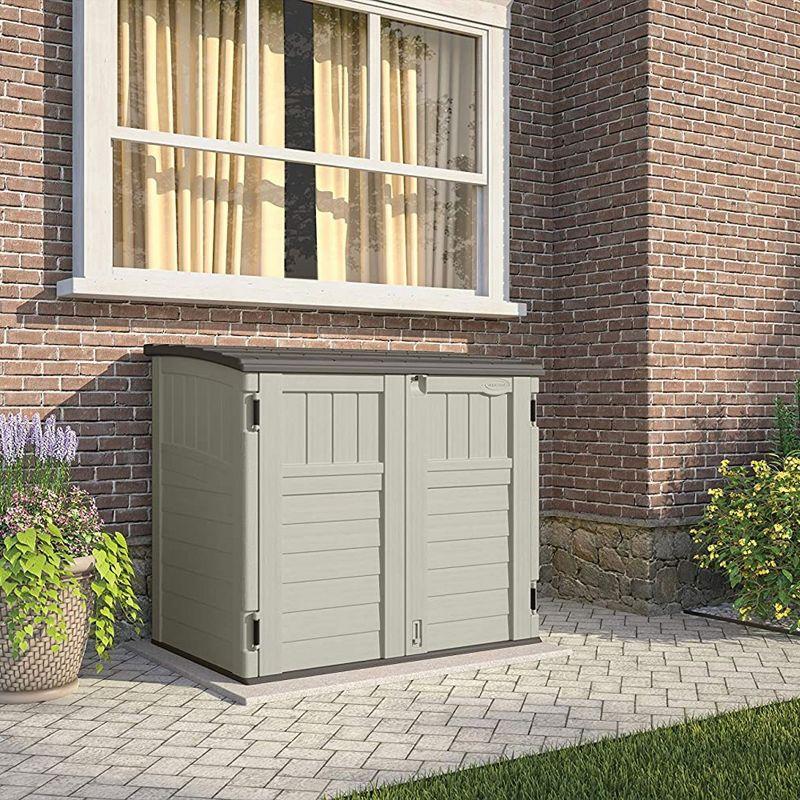 Suncast 34 Cubic Feet Capacity Horizontal Outdoor Storage Shed  for Garbage Cans, Garden Accessories, Backyard, and Patio Use, Vanilla