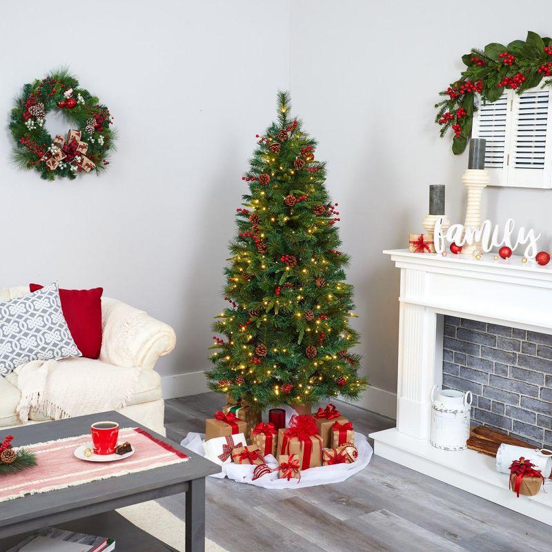 Nearly Natural 6-ft Mixed Pine Artificial Christmas Tree with 250 Clear LED Lights, Pine Cones and Berries