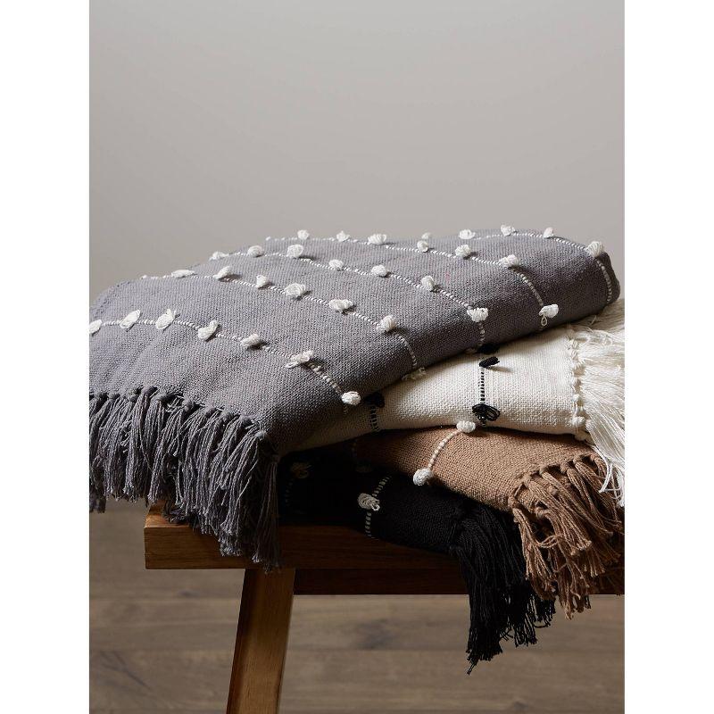 Off-White Cotton Woven Throw Blanket with Fringe