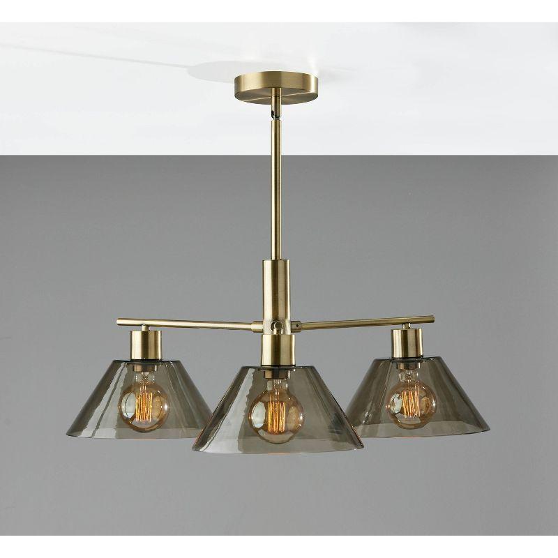 3-Light Zoe Chandelier Antique Brass - Adesso: Vintage Style, Adjustable Height, Smoked Glass Shades