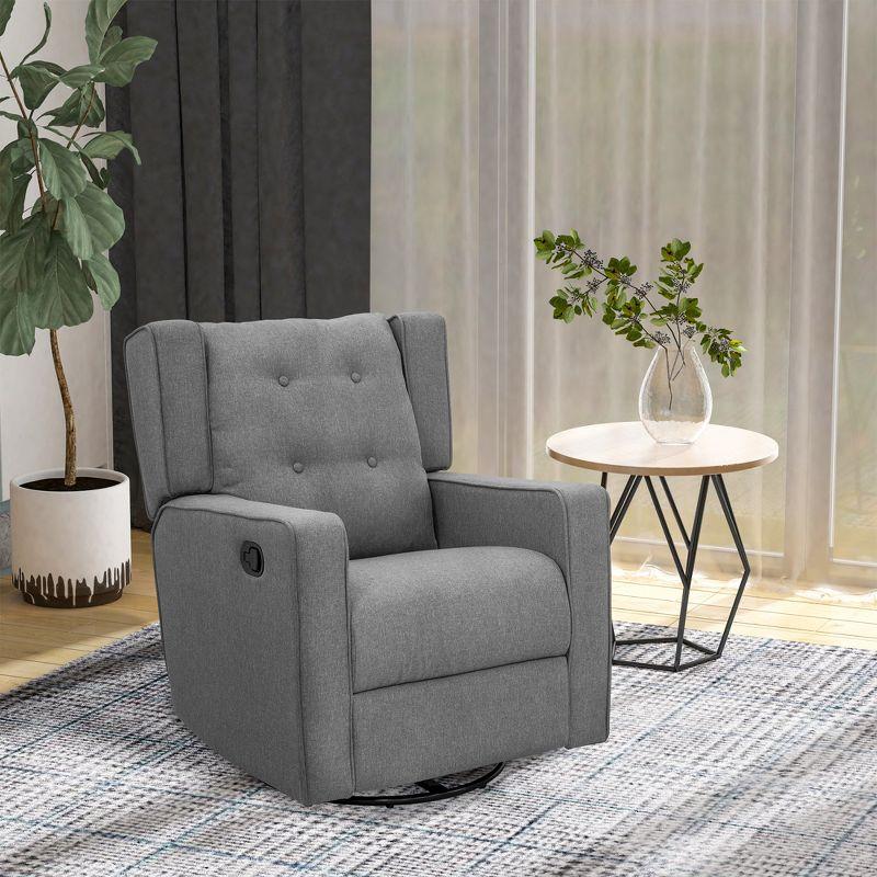 Modern Chic Gray Linen Swivel Recliner with Button Tufted Back