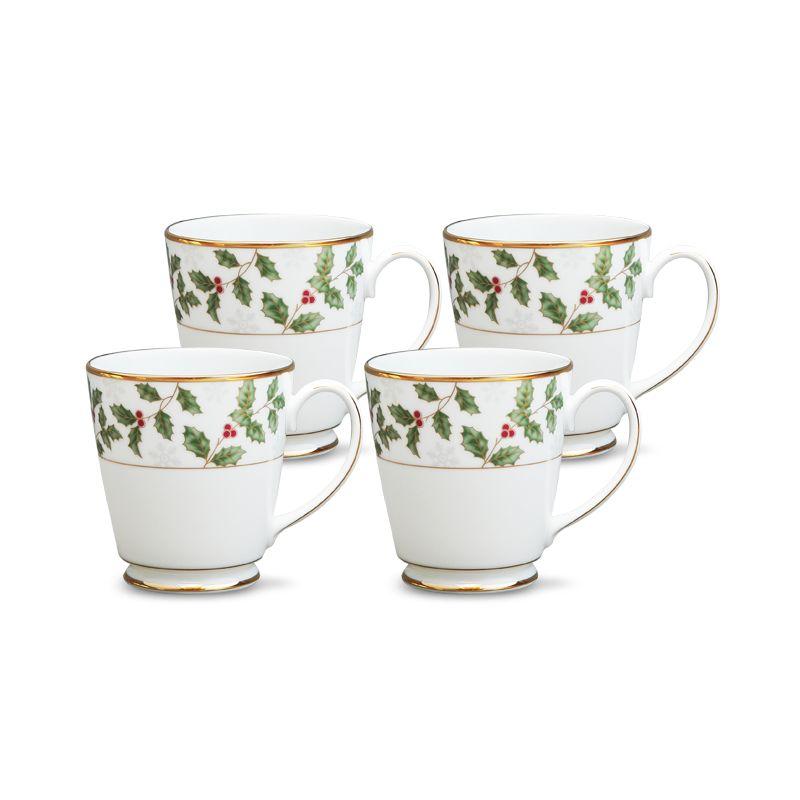 Holly and Berry Gold Ceramic Christmas Mugs, Set of 4