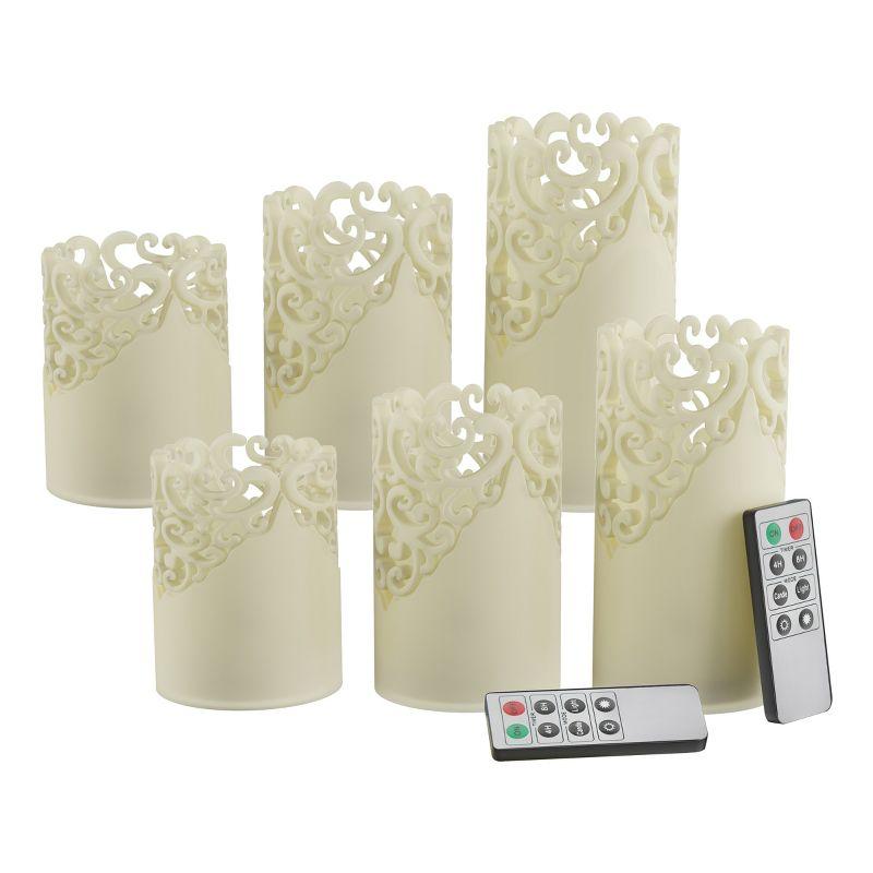 LED Candles with Remote Control – Set of 6 Realistic Flameless Pillar Lights with Lace Details and Vanilla Scented Wax – Home Decor by Lavish Home