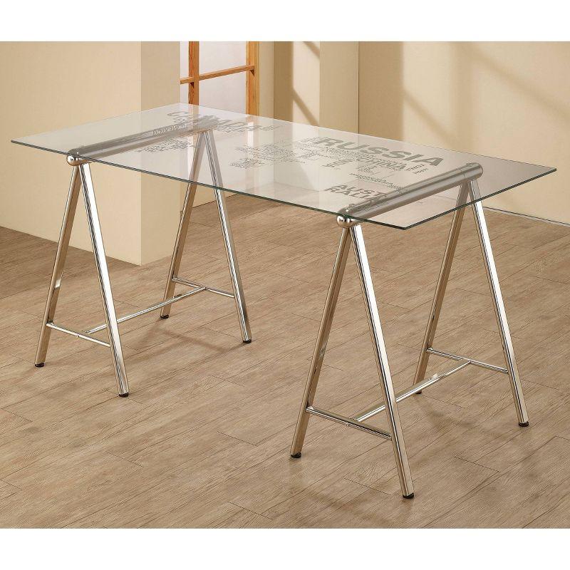 Patton Glass Top Sawhorse Writing Desk with World Map Nickel - Coaster: Steel Frame, Tempered Surface