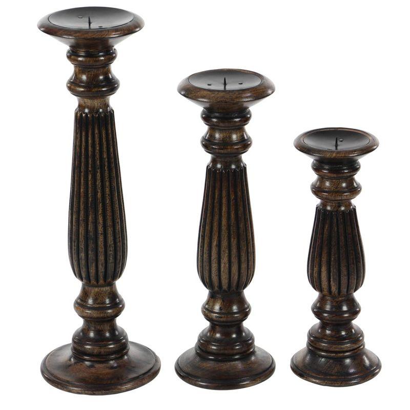 Olivia & May Traditional Candle Holder Set of 3 - Brown : Mango Wood, Elegant Tabletop Decor