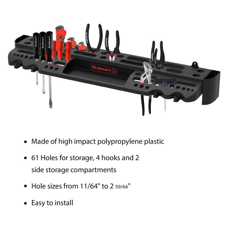 Black Wall-Mountable Polypropylene Tool Storage Shelf with Hooks and Compartments