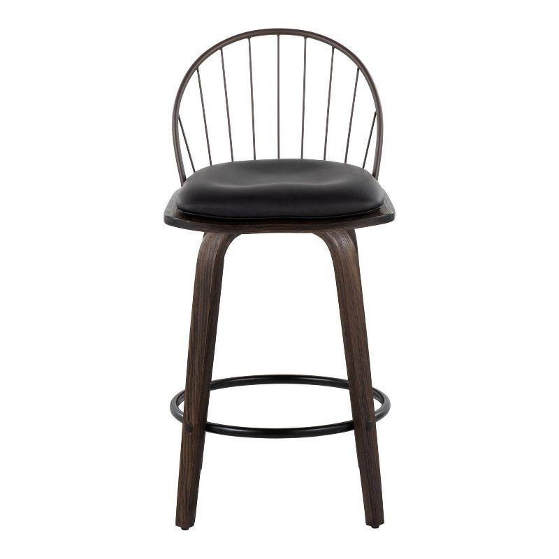 Walnut Bronze Swivel Counter Stool with Metal Backrest and Faux Leather Cushion